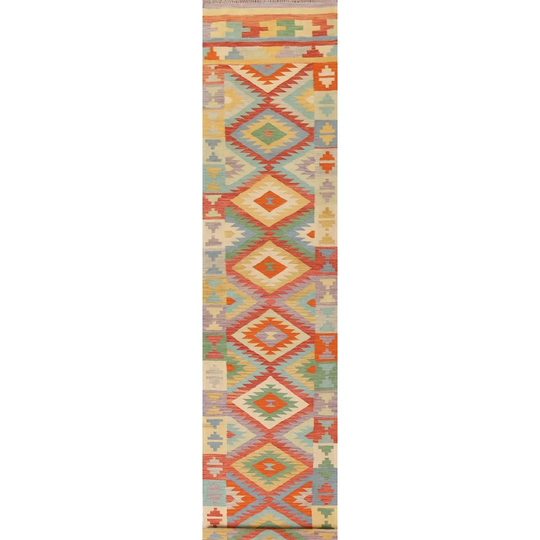 Colorful Kilim Reversible Runner Rug Flat-weave Wool Carpet - 2'8"x 16'0"