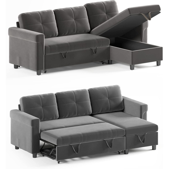 MIxoy Reversible Sectional Sofa with Storage Chaise, Modern Dutch Velvet L-Shaped 3-Seat Couches Sectional