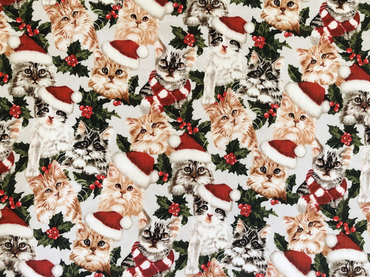 Christmas Kittens & Holly Berries Red Green Floral Quilting Cotton Fabric By 1/4 Or 1/2 Yard Fat Quarter, Kitten in Hat