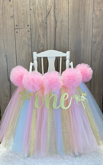 Carousel 1st Birthday High Chair Tutu, Any Colors, Pastel Rainbow Banner For Girls First Smash Cake Party, Decor With Pom Poms