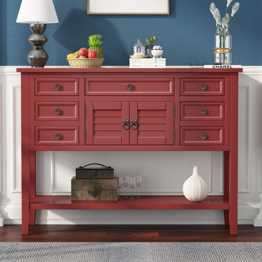 45'' Modern Sideboard Cabinet Pine Side End Table Sofa Table Console Table with 7 Drawer&1 Cabinet &1 Shelf, Red