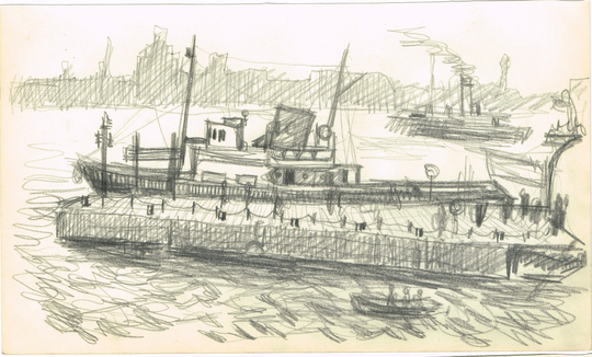Antique Vintage Original 1950S, Soft Pencil Sketch Drawing Of A Boat in Docks Port By F Cooke