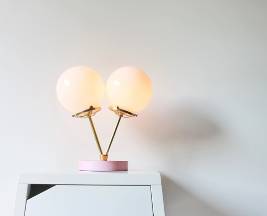 Pink Table Lamp, Brass Finish With Two White Glass Globes, Desk Twin Globe Opal Nursery Lighting, Bootsngus Lights & Home Decor