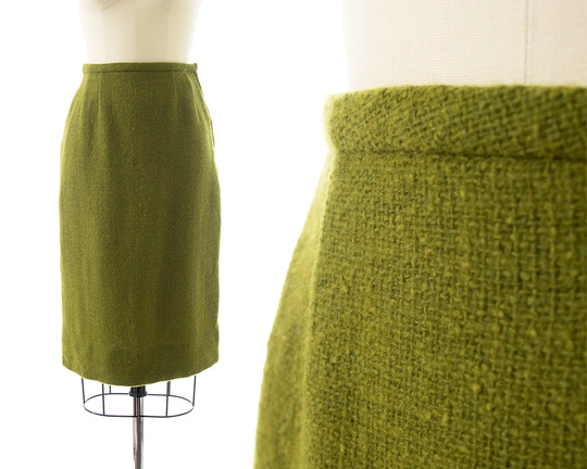 Vintage 1960S Pencil Skirt | 60S Olive Green Wool High Waisted Secretary Work | x-Small/Small