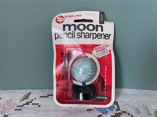 Vintage Pencil Sharpener Rare Moon Landing Sterling Plastics Co. Manual Lunar Sites Historical - Made in Usa