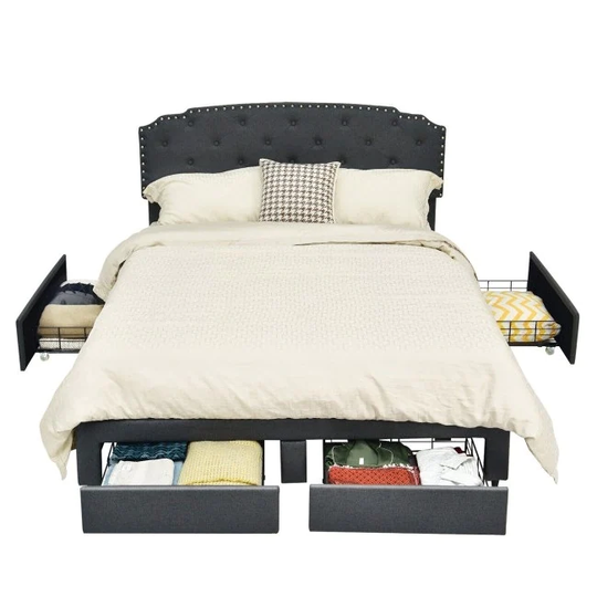 Queen/Full Size Grey Linen Adjustable Headboard 4 Drawer Storage Platform Bed