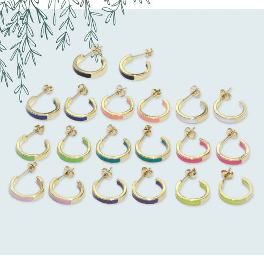 Colored Enamel Design Open Hoop Stud Earrings, Small Dainty Gold Plated 1 Pair