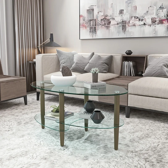 Transparent Oval Glass Coffee Table, Modern Table in Living Room Oak Wood Leg 3-Layer Tea Table with Irregular Shaped Shelves