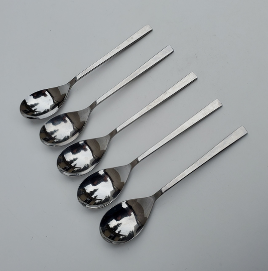 Oneida Dupree Pattern 18/0 Stainless Teaspoon Set Of 5 Spoons - Glossy Long Sleek Mcm Handles 7.125"
