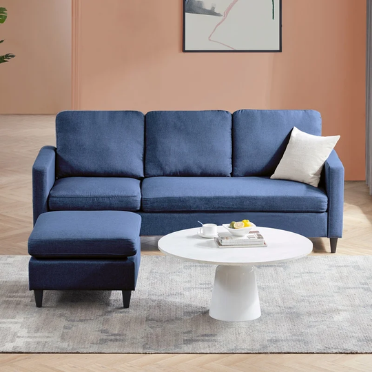 Modern Linen Fabric Sectional Sofa With One Ottoman,Side Pocket,Blue