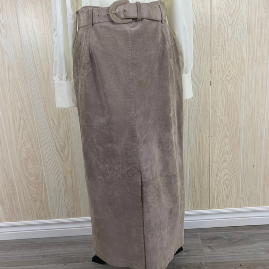 Beige Suede Maxi Skirt, Size 12, High Waist Leather Pencil Skirt With Pockets, Long Minimal Beige Suede Waist 31"