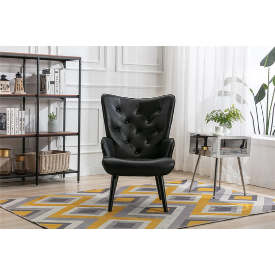 Modern Mid-Century Accent Chair with Round Arms, Camelback and Button Decoration, 30"L x 25.5"W x 37.7"H, Black PU