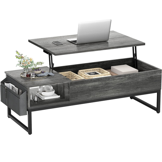 Lift Top Coffee Table with Storage, Wood Lifting Top Central Table Metal Frame, 43.3" Lift Tabletop Tea Table with Side Pouch