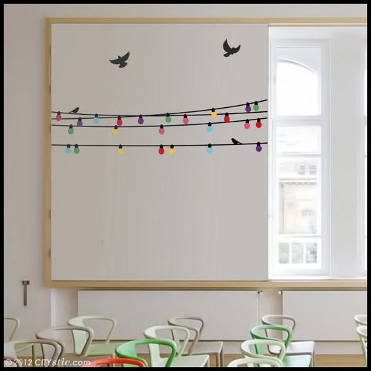 Color Lamp Decal 5 Strings Of Fairy Lights As in A Garden Party. Multi Color Bulb Sticker, Birds, Decoration