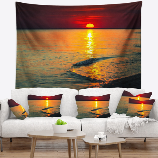 Designart 'Setting Sun Giving Color to Waters' Modern Beach Wall Tapestry