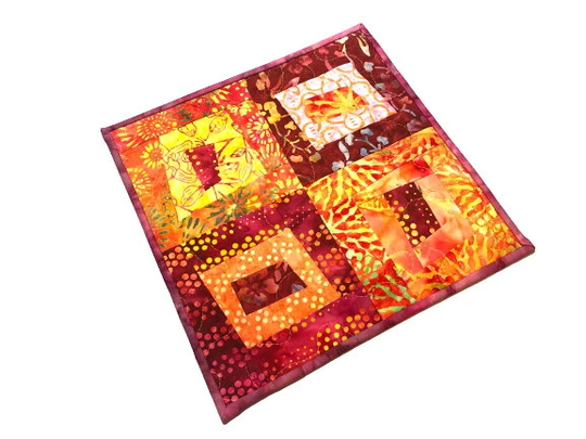 Mini Quilt, Mug Rug Or Table Topper With Colorful Hand Dyed Fabric Patchwork