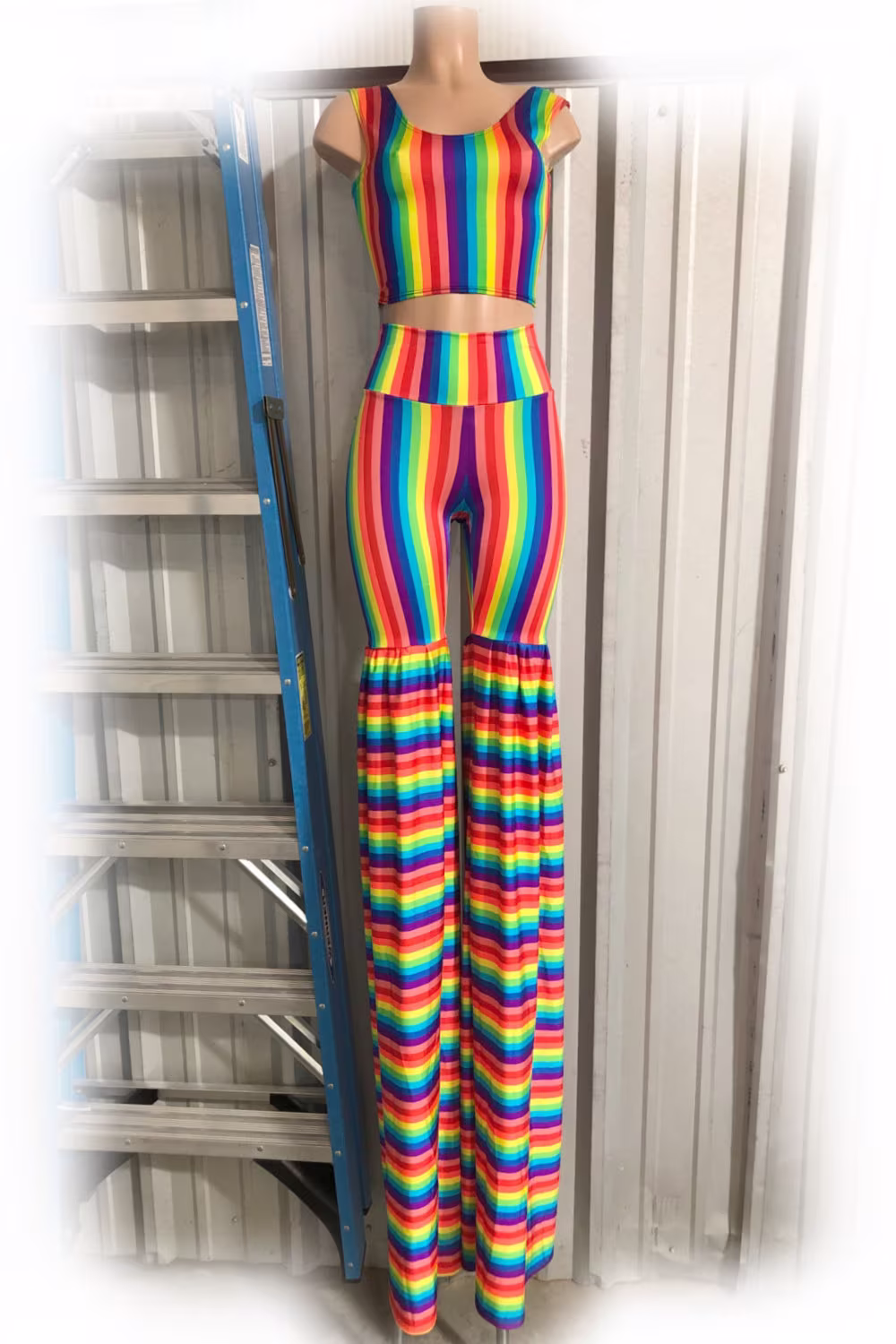 Stilting Costume Rainbow Striped Crop Tank & Leggings Style Stilt Pants Set Emk157713