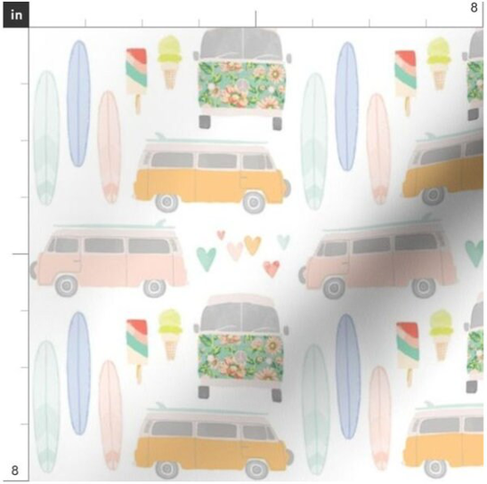 Summer Vibes Fabric By The Yard | Vintage Van Surf Boards Hippie Surfer Retro Ice Cream Popsicles Boho Custom