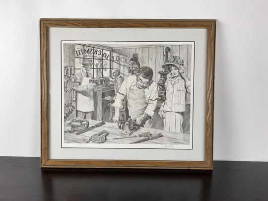 George Backer Signed Pencil Draft Print, Old Locksmith Shop Painting, Drawing Framed Art, Atomchicago