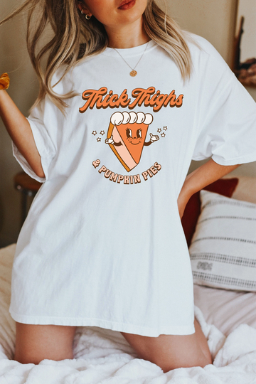 Thick Thighs Pumpkin Pie, Comfort Colors Shirt, Smile Retro Tee, Crew Neck, Short Sleeve, Oversized, Autumn