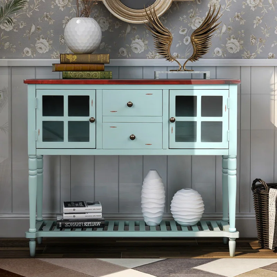 Sideboard Console Table with Bottom Shelf Wood/Glass Buffet Storage Cabinet Living Room Retro Blue