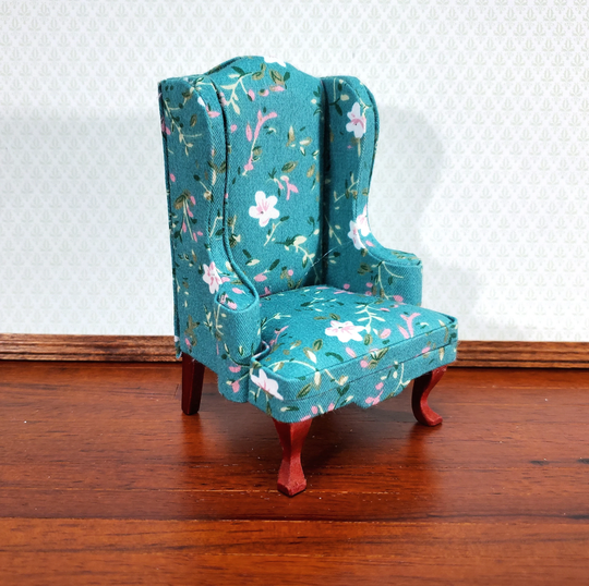 Dollhouse Arm Chair Wing Back Turquoise Floral Fabric 112 Scale Miniature Furniture