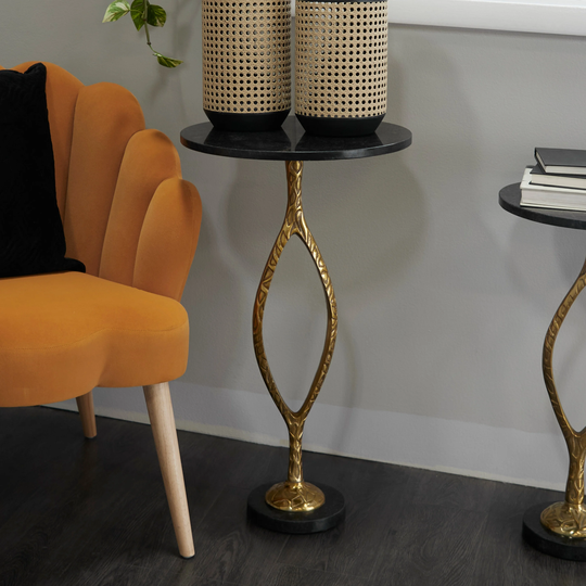 Black Marble Transitional Accent Table with Textured Gold Metal Base