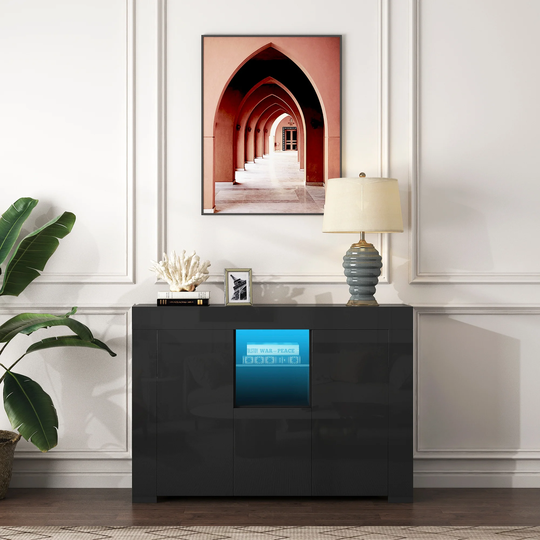 CTEX Wood High Gloss Sideboard Cabinet with LED Lights, Drawer and Storage Shelves