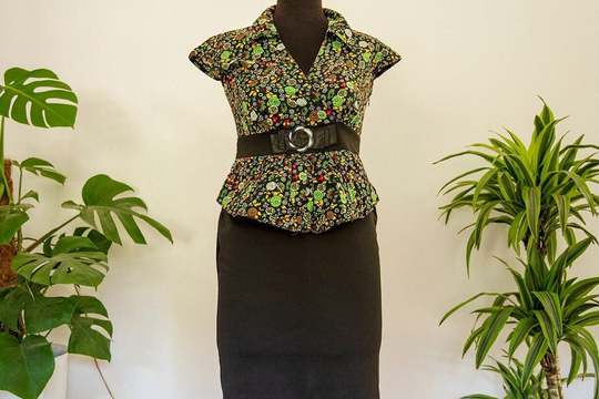 Vintage Black & Green Floral Midi Pencil Dress