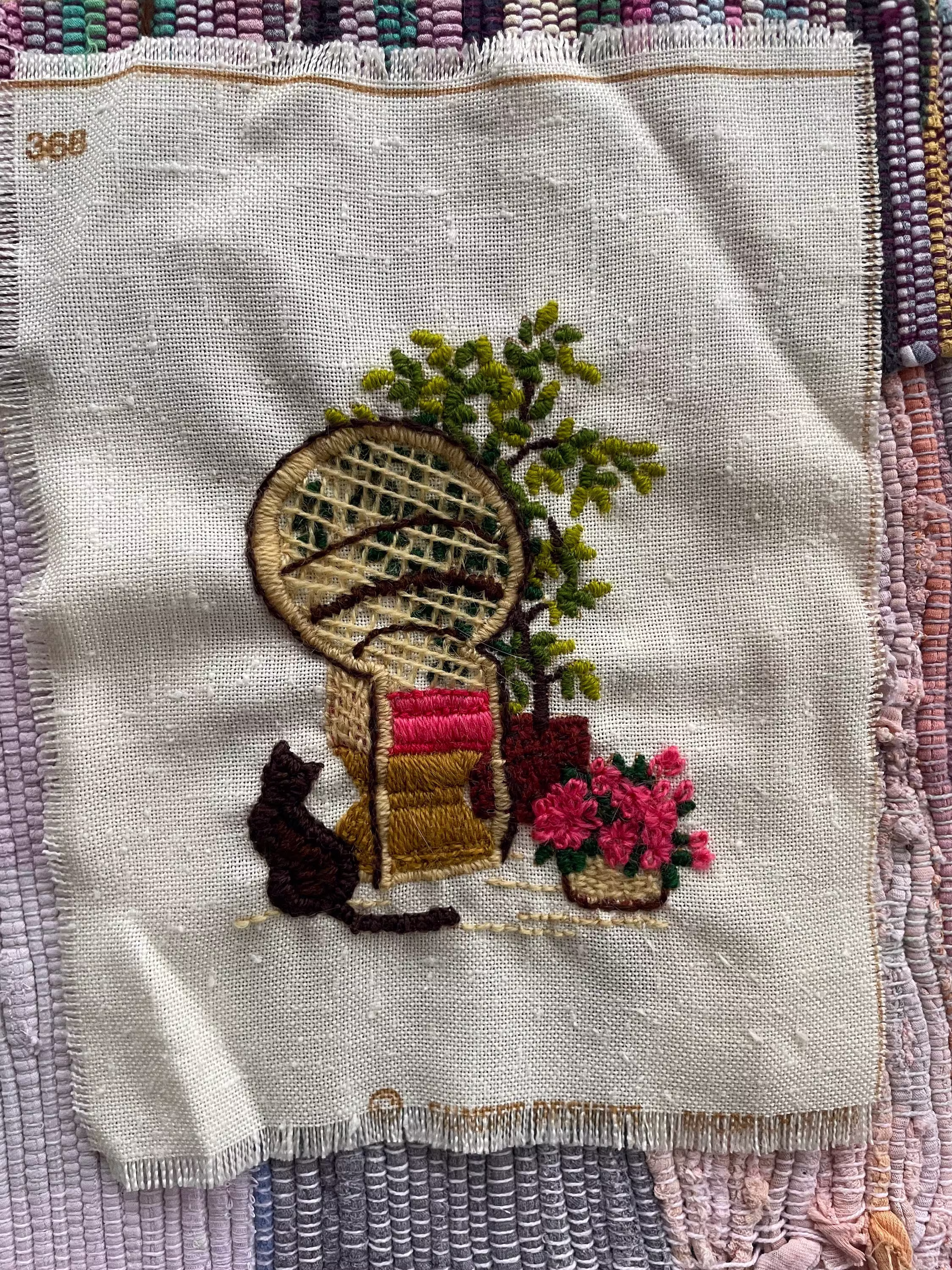 Vintage Cat & Peacock Chair Embroidery-Rattan With Azaleas