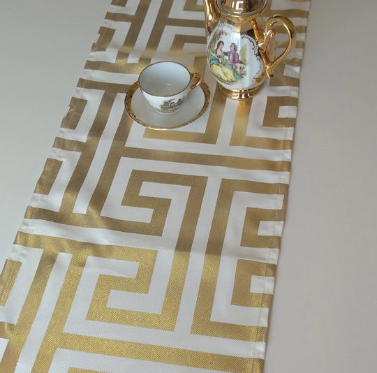 Gold Table Runner|Greek Key Runner|White & Runner|Metallic Decor|Gold Foil Runner|Gold Theme Top