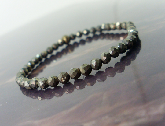 Dainty Pyrite Faceted Bracelet 4mm + Antique Bronze Bead, Natural Gemstone Bracelet, Minimalist Beaded For Women Or Girl Gift Bag
