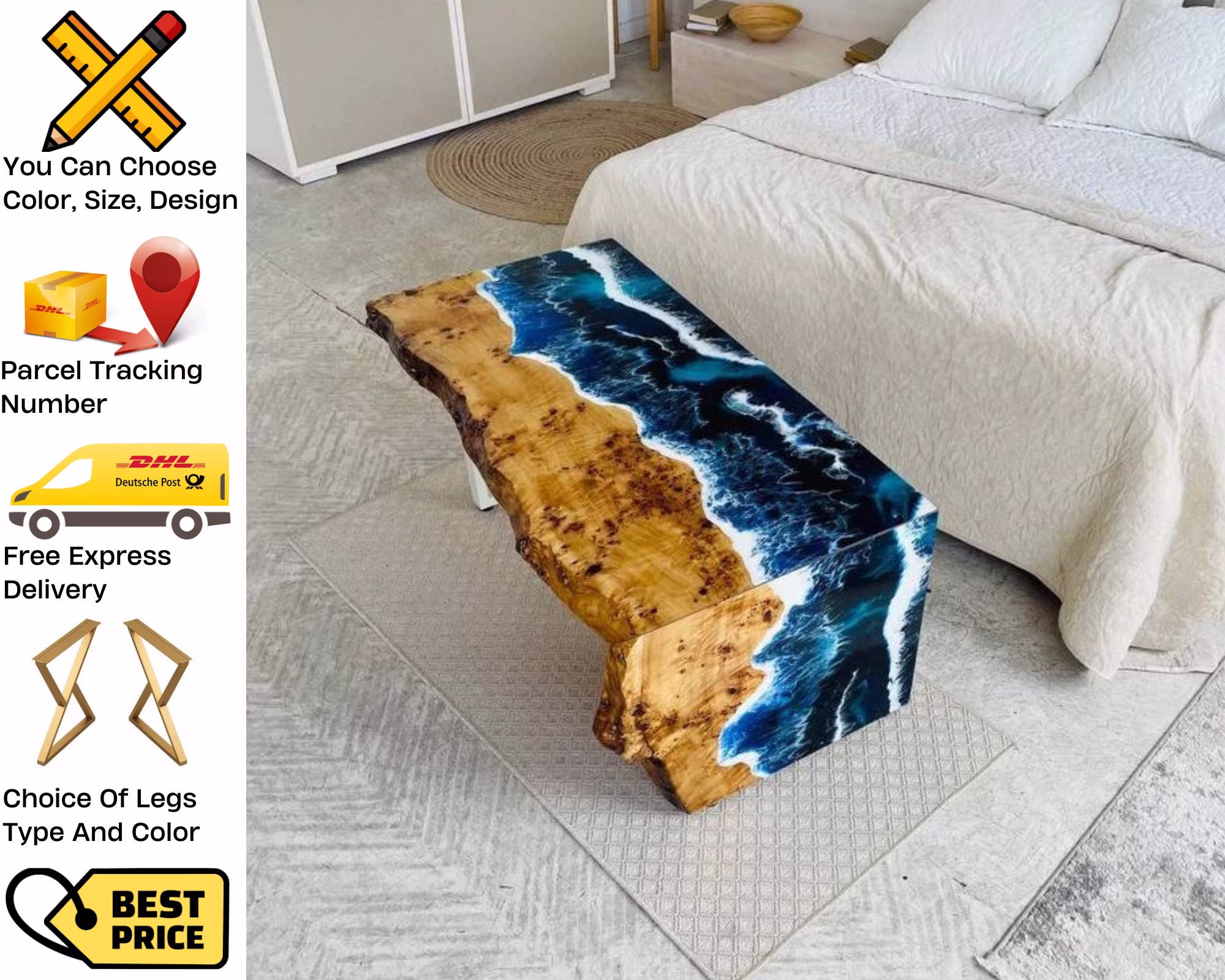 Epoxy Resin Dining & Coffee Table, Live Edge Luxury Furniture, Handcrafted Personalized Gift, Ocean Table, Waterfall Tables
