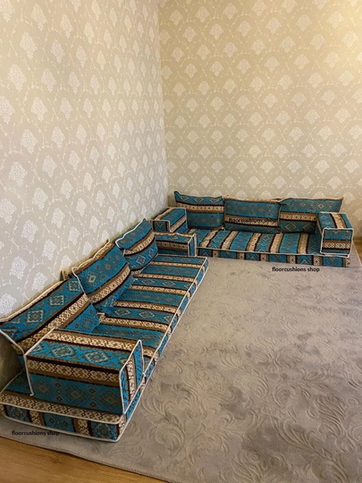 Blue Grey Sofa, Living Room Majlis Etnic Floor Cushion, L Shape Big Majles India Decor, Arabic Style, Turkish Sofa