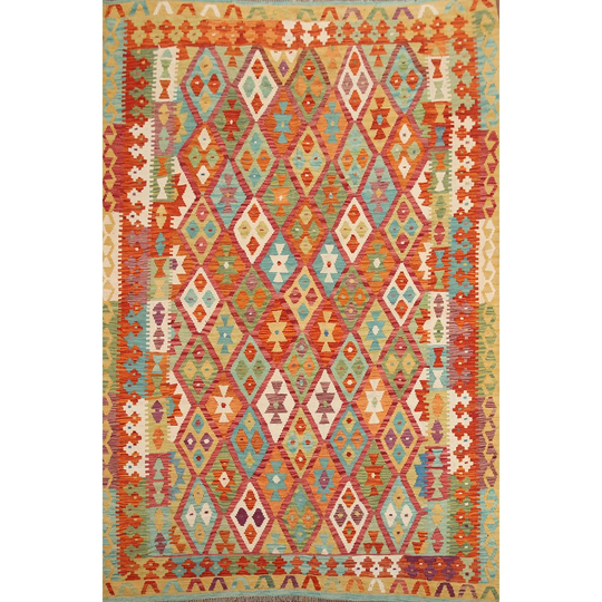 Colorful Kilim Area Rug Flat-weave Wool Carpet - 7'0"x 9'3"