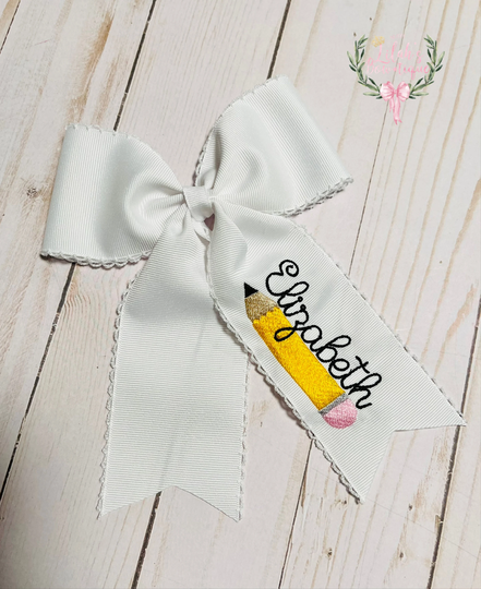 Custom Embroidered Personalized Pencil Name Moonstitch Ribbon Hair Bow, Back To School