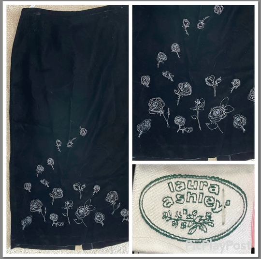 Little Black Designer Maxi Length Pencil Skirt With Floating Roses By Laura Ashley. Excellent Vintage Condition Size 12 Rare
