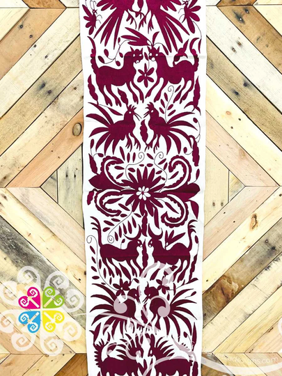 Large Solid Color Maroon Otomi Table Runner - Camino De Tenango Mexican