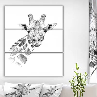 'Pencil Giraffe Sketch in Black and White' Drawing Print Multi-Piece Image on Canvas