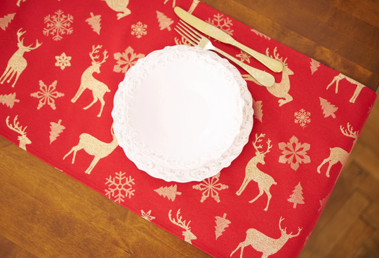 Christmas Deer Table Runner 40x190cm, Festive Golden Woven Shiny & Snowflakes On Red Background, Holiday Kitchen Decor