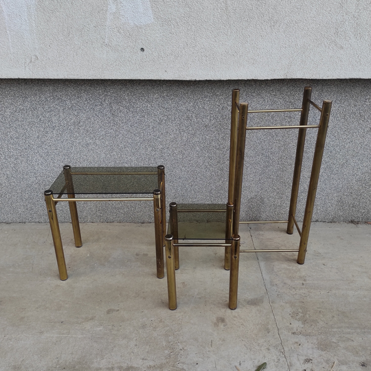 Set Of Three Mid Century Side Tables, Mcm Modern Coffee Vintage Table, 70's Design Brass Smoked Glass