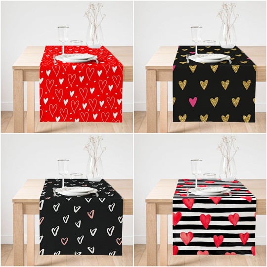 Valentine's Day Table Runner|Red Black Love Decoration|February 14 Home Decor|Heart Print Romantic Kitchen Decor|Gift For Sweetheart