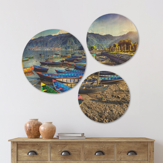 Designart 'Colorful Boats in Pokhara Lake' Boat Wood Wall Art Set of 3 Circles - Multi-Color