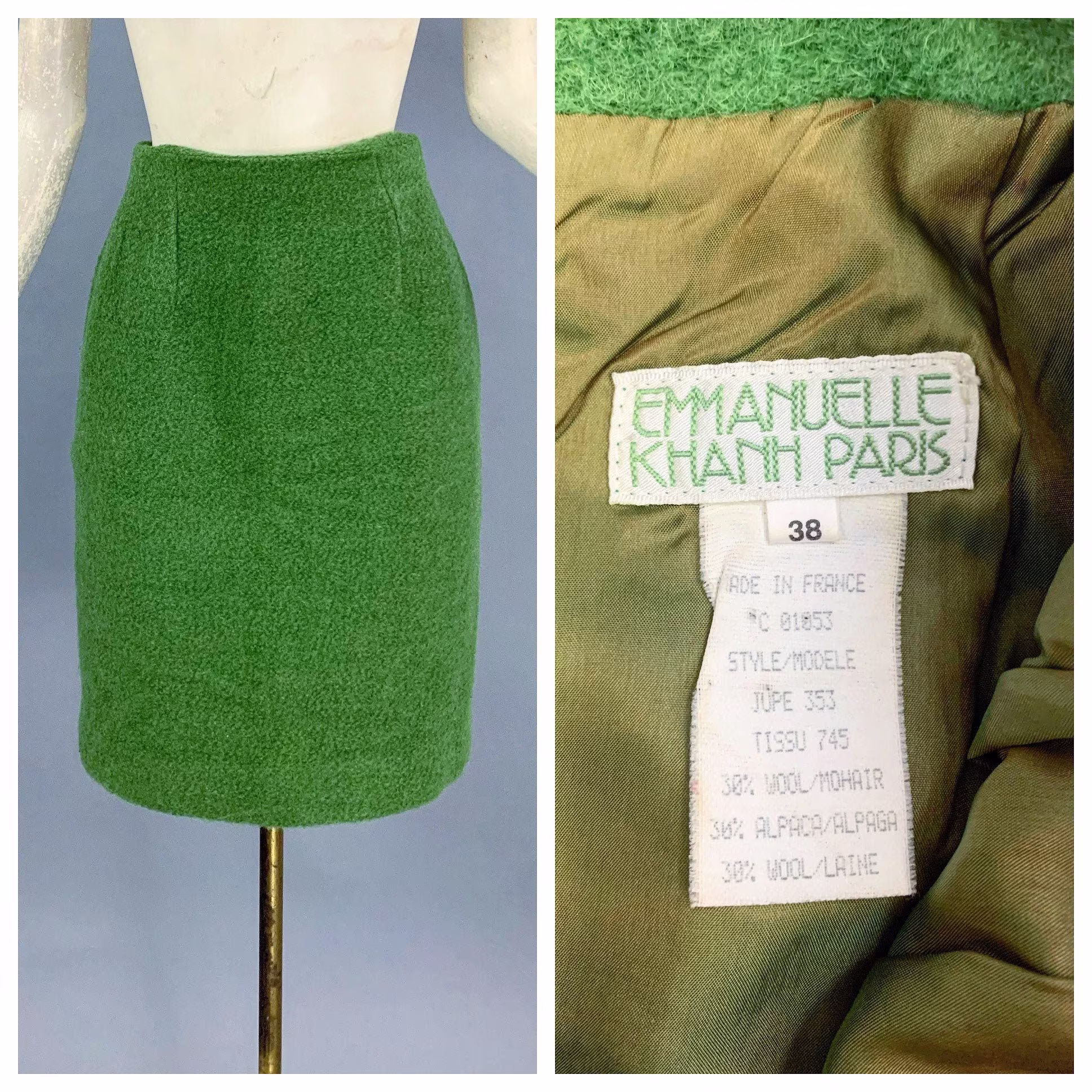 Vintage Emmanuelle Khanh Paris Green Mohair Skirt | 1980S 1990S Emannuelle Wool High Waisted Pencil