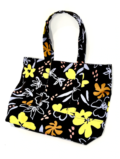 100% Cotton Tote Bag in Spring Floral Print With Dark Brown