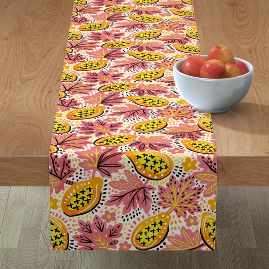 Fruits & Leaves Table Runner - Summer Papaya By De Koro Abstract Bold Bright Gardening Cotton Sateen Spoonflower