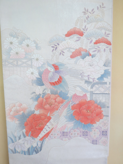 Silk Obi Or Table Runner/Vintage Japanese Obi Belt Sagara French Knots Hand Embroidered Long-Tail Birds/Peony Home Decor Gift