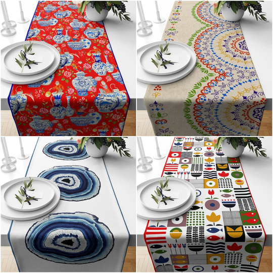 Decorative Table Runner|Evil Eye Top|Zigzag Pattern Home Decor|Red Blue Tile Vase Tablecloth|Geometric Bike Chain Runner