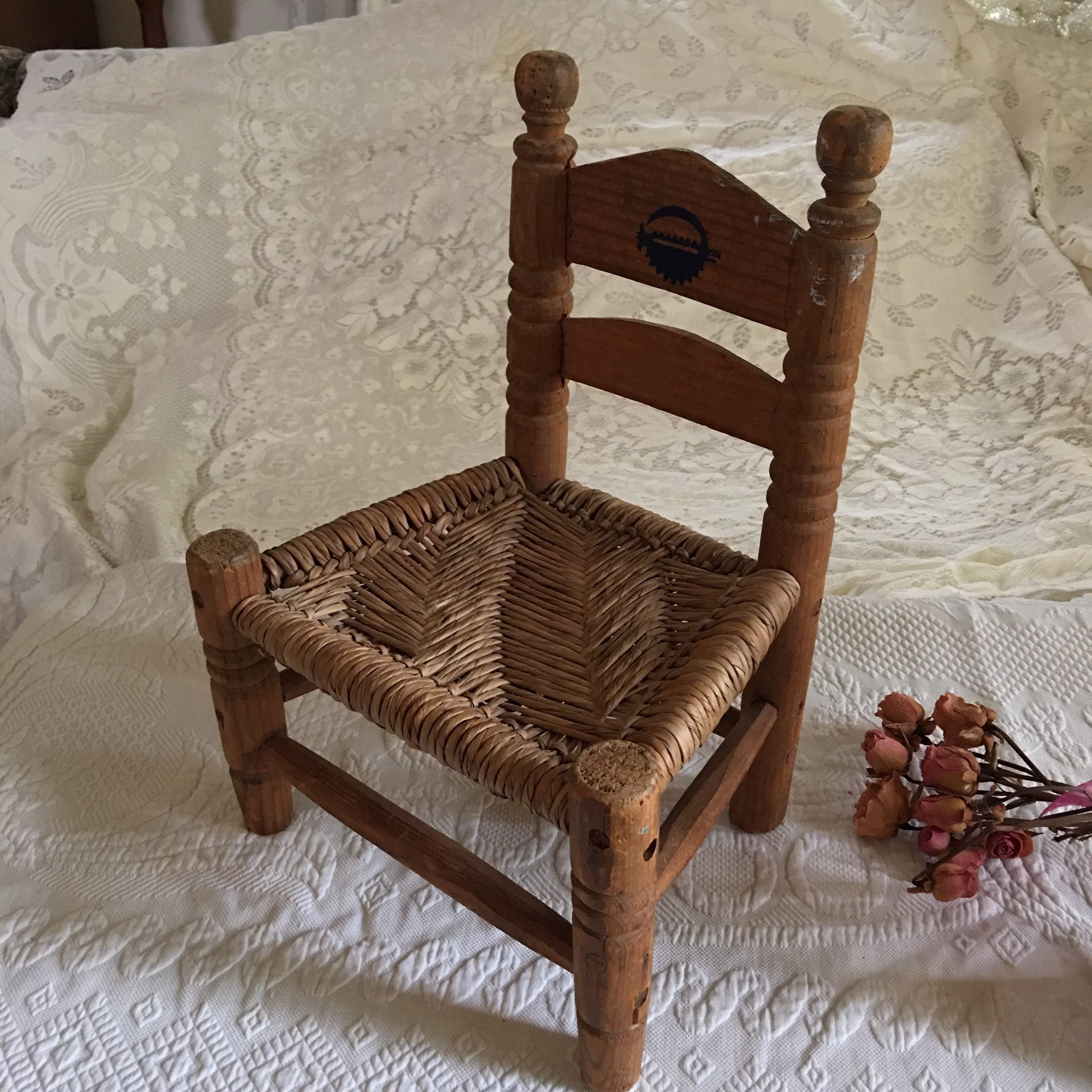 Vintage Wood & Raffia Woven Doll Chair. Hole Peg Type Construction. Rustic Style Cottage