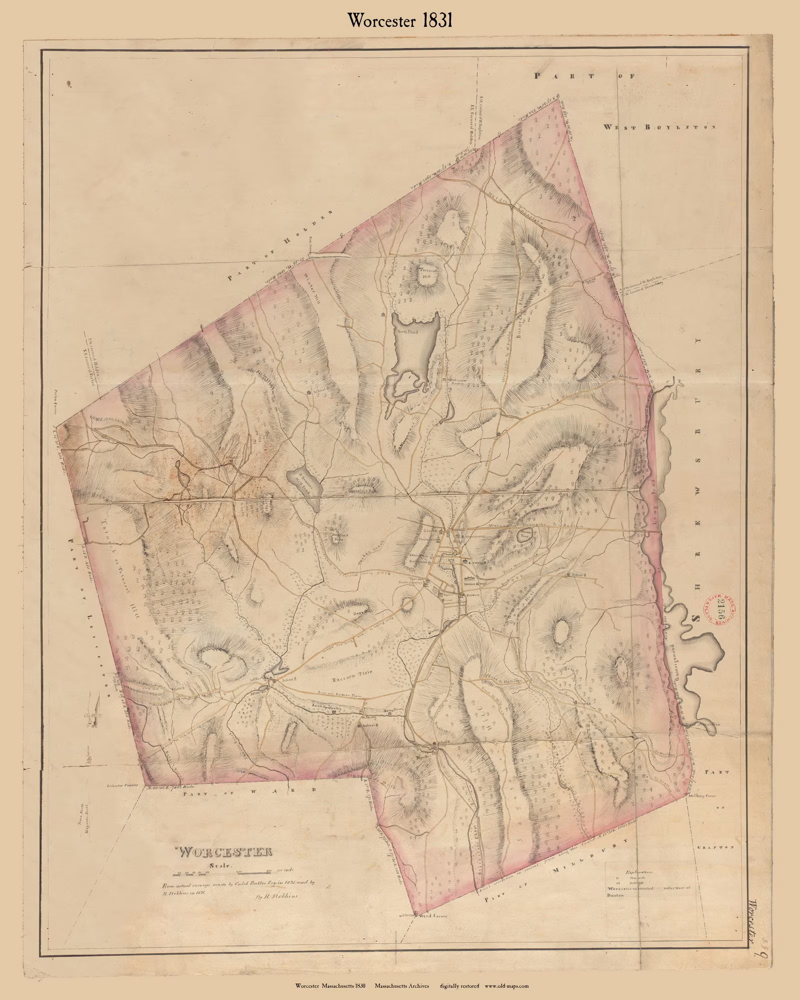 Worcester 1831 Town Plan - Old Roads Reprint Restored Massachusetts Archives Ma